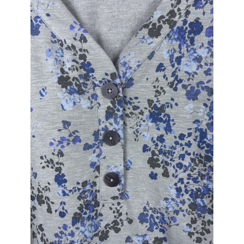 J. Jill Floral Henley Top Size XL Petite Blue Gray Long Sleeve Stretch Knit Norm - Picture 3 of 7